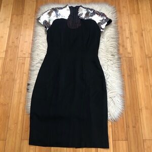 Vintage Taurus Nites Sequined Cap Sleeves Fitted Black Cocktail Midi Dress 10
